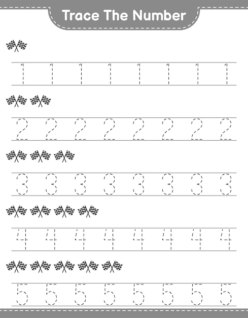 Trace the number. Tracing number with Racing Flags. Educational children game, printable worksheet, vector illustration