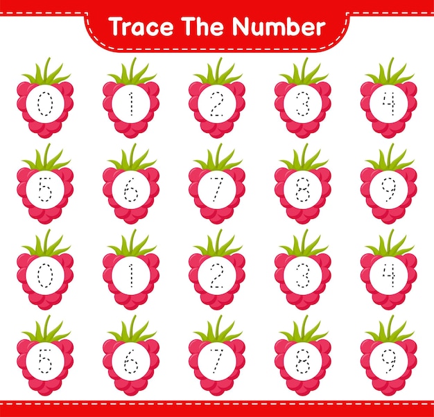 Trace the number. Tracing number with Raspberries. Educational children game, printable worksheet 