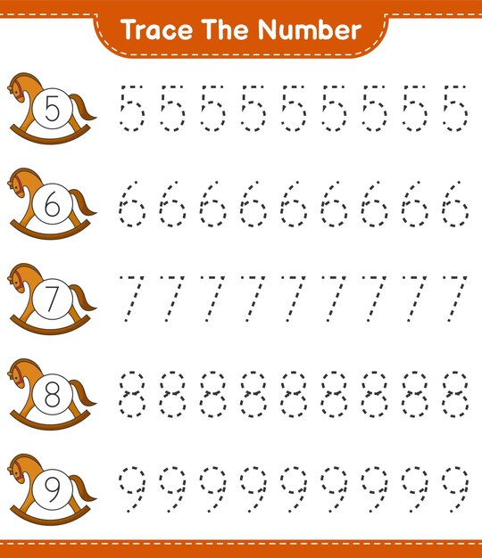 Trace the number. tracing number with rocking horse. educational children game, printable worksheet, vector illustration