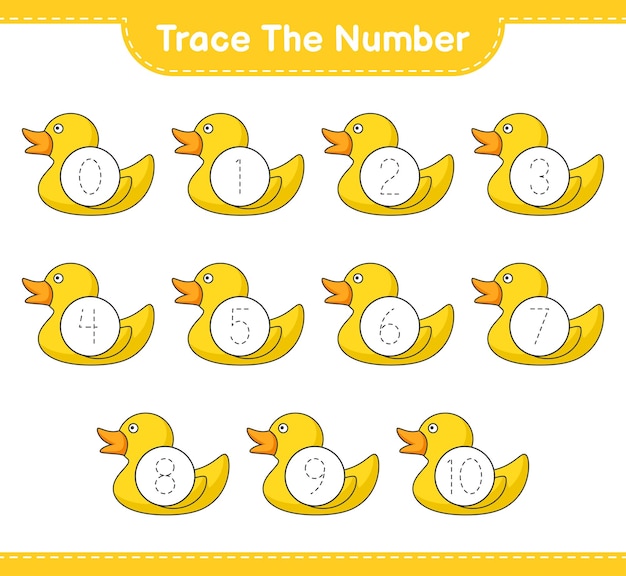 Traccia il numero. numero di tracciamento con rubber duck. gioco educativo per bambini, foglio di lavoro stampabile, illustrazione vettoriale