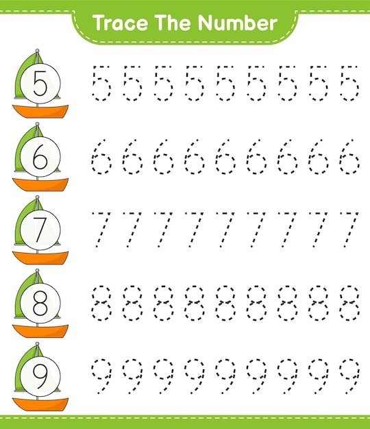 Trace the number Tracing number with Sailboat Educational children game printable worksheet