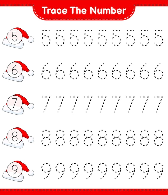 Trace the number Tracing number with Santa Hat Educational children game printable worksheet vector illustration