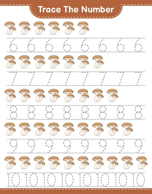 Traccia il numero traccia il numero con l'illustrazione vettoriale del foglio di lavoro stampabile del gioco per bambini shiitake educational