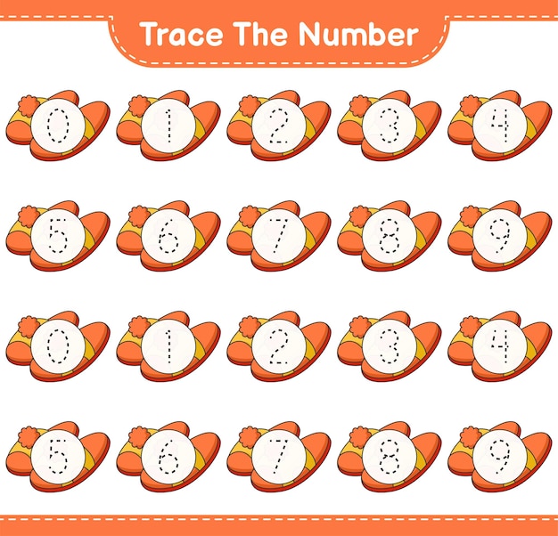 Trace the number Tracing number with Slippers Educational children game printable worksheet vector illustration