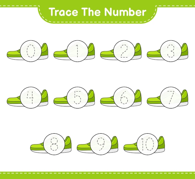 Traccia il numero. numero di tracciamento con sneaker. gioco educativo per bambini, foglio di lavoro stampabile, illustrazione vettoriale