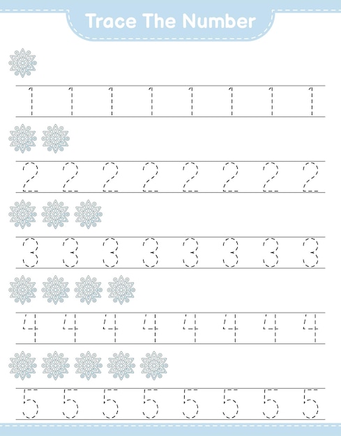 Trace the number Tracing number with Snowflake Educational children game printable worksheet vector illustration