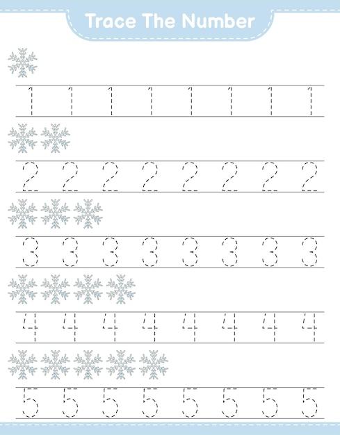 Tracciare il numero tracciare il numero con snowflake educational bambini gioco foglio di lavoro stampabile illustrazione vettoriale