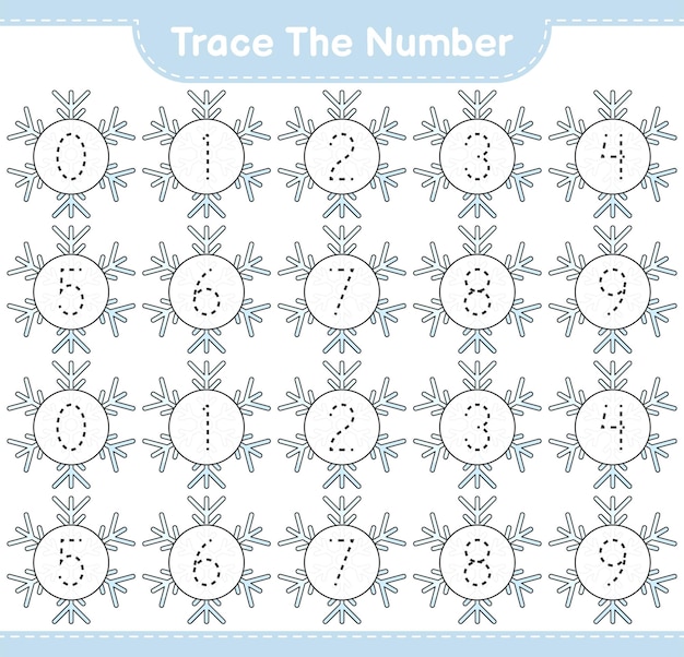 Tracciare il numero tracciare il numero con snowflake educational bambini gioco foglio di lavoro stampabile illustrazione vettoriale