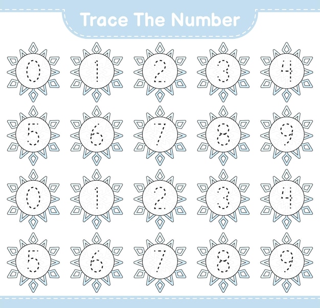 Отследить номер Отслеживание номера с помощью снежинки Образовательная детская игра для печати векторная иллюстрация листа
