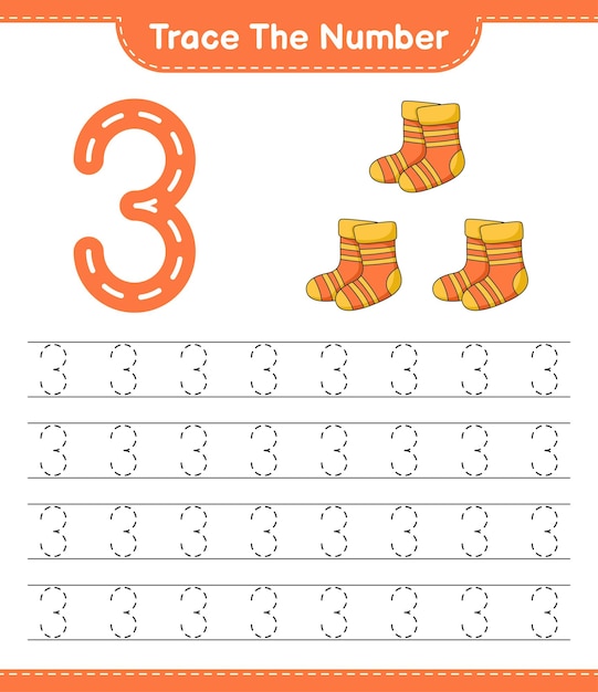 Trace the number Tracing number with Socks Educational children game printable worksheet vector illustration