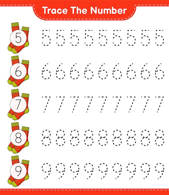 Trace the number Tracing number with Socks Educational children game printable worksheet vector illustration