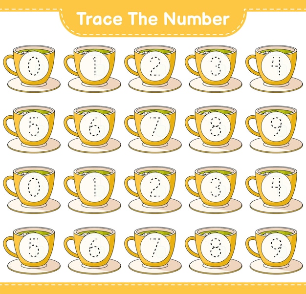 Trace the number Tracing number with Tea Cup Educational children game printable worksheet vector illustration