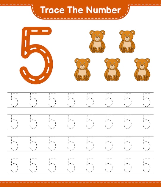 Trace the number. Tracing number with Teddy Bear. Educational children game, printable worksheet, vector illustration