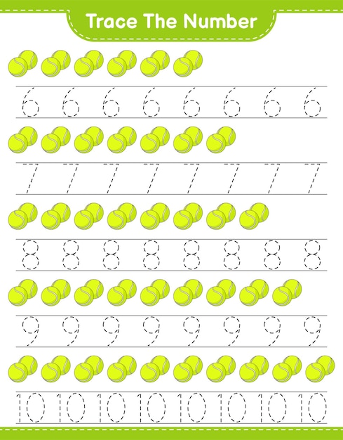 Trace the number. Tracing number with Tennis Ball. Educational children game, printable worksheet, vector illustration