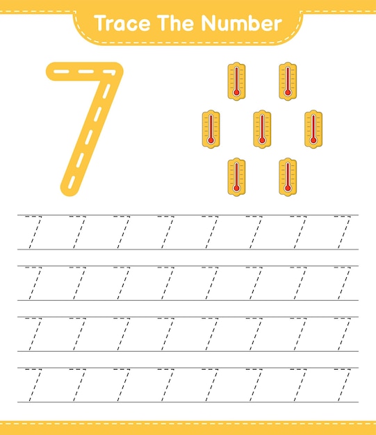 Trace the number tracing number with thermometer educational children game printable worksheet vector illustration