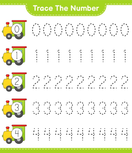 Trace the number. Tracing number with Train. Educational children game, printable worksheet, vector illustration