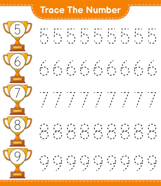 Traccia il numero. numero di tracciamento con trofeo. gioco educativo per bambini, foglio di lavoro stampabile, illustrazione vettoriale