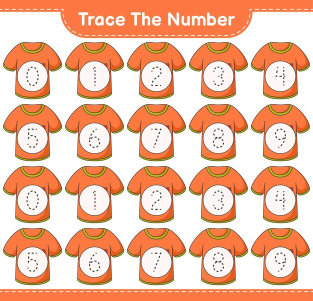 Trace the number Tracing number with Tshirt Educational children game printable worksheet vector illustration