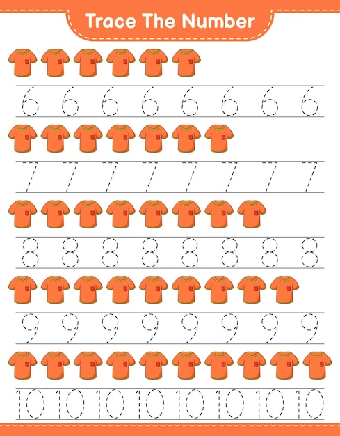 Отследить номер Отслеживание номера с футболкой Образовательная детская игра для печати векторной иллюстрации листа