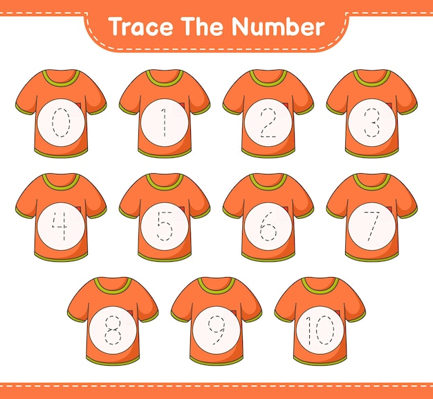 Trace the number tracing number with tshirt educational children game printable worksheet vector illustration