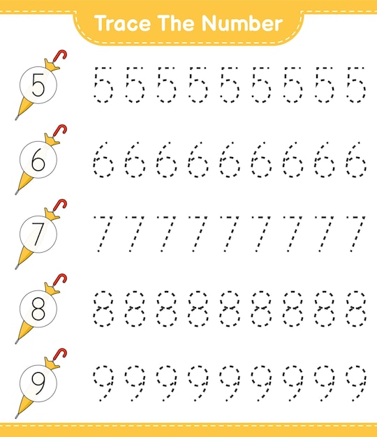 Trace the number Tracing number with Umbrella Educational children game printable worksheet vector illustration