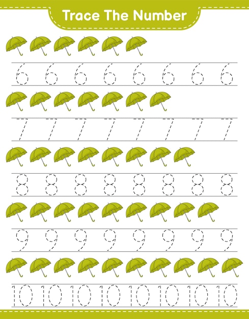 傘で数字をトレースする教育的な子供たちのゲームの印刷可能なワークシートのベクトル図