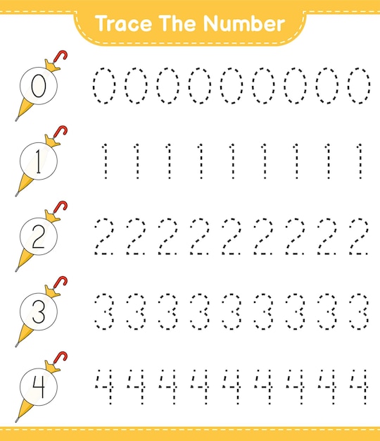 Traccia il numero traccia il numero con l'illustrazione vettoriale del foglio di lavoro stampabile del gioco educativo per bambini dell'ombrello