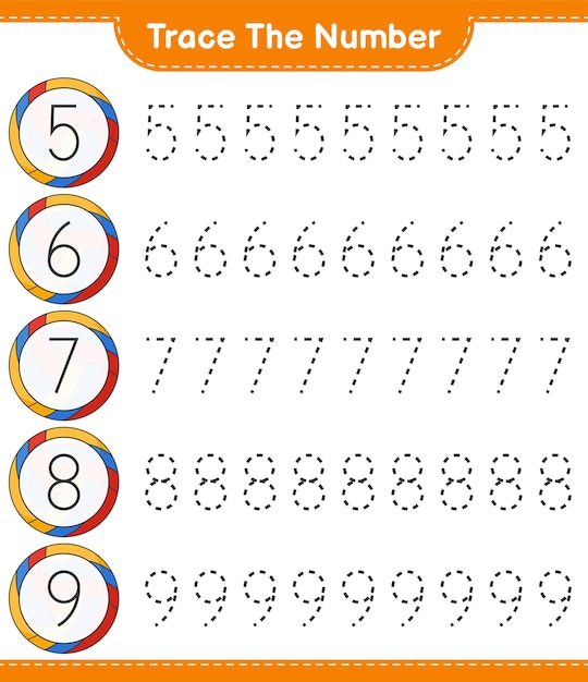 Trace the number. tracing number with volleyball. educational children game, printable worksheet, vector illustration