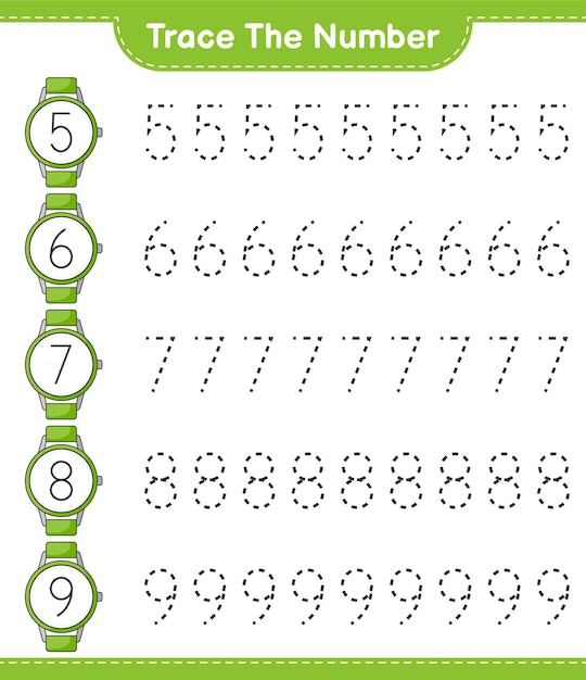 Trace the number tracing number with watches educational children game printable worksheet