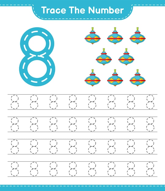 Trace the number. Tracing number with Whirligig Toy. Educational children game, printable worksheet, vector illustration