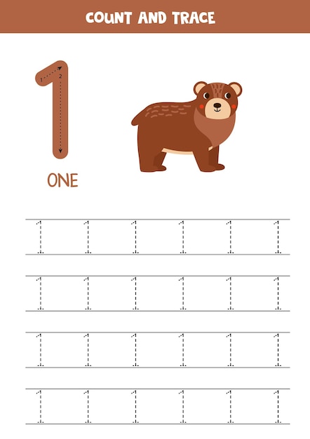 Trace numbers Number 1 one Cute cartoon bear