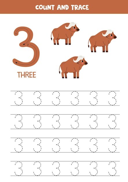 Trace numbers Number 3 three Cute cartoon buffalos