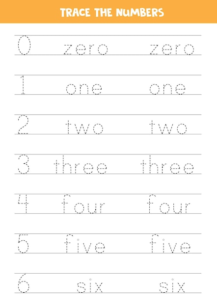 1から6までの数字と単語をトレースします。子供向けのワークシート。