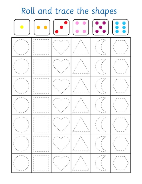 Trace the shapes worksheets dice game for kids preschool activity educational game geometry page