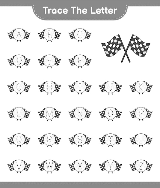 文字をなぞります。フォームレーシングフラグで文字のアルファベットをトレースします。教育的な子供たちのゲーム、印刷可能なワークシート、ベクトル図