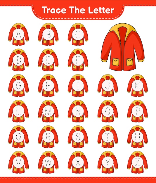 Отслеживание буквы алфавит с теплой одеждой образовательная детская игра для печати векторная иллюстрация листа