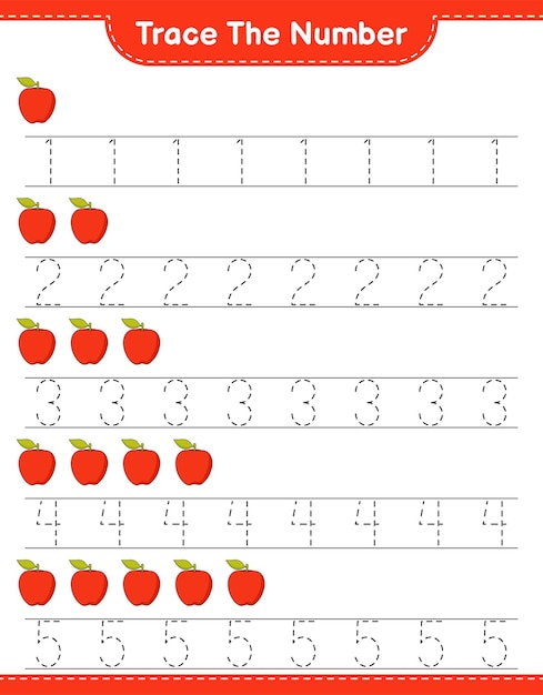 Apple Educational 어린이 게임 인쇄용 워크 시트 벡터 일러스트와 함께 번호 추적 번호 추적