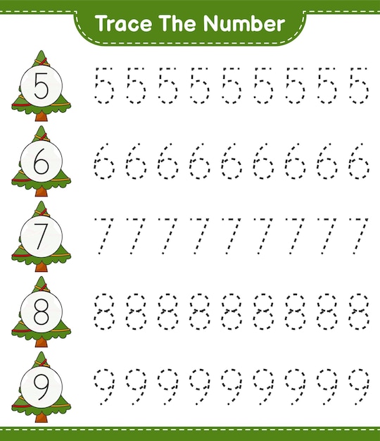 크리스마스 트리 교육용 어린이 게임 인쇄용 워크 시트로 번호 추적 번호 추적