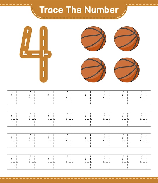 Отследи номер. контрольный номер с футбольным баскетбольным мячом. развивающая детская игра, лист для печати, векторные иллюстрации
