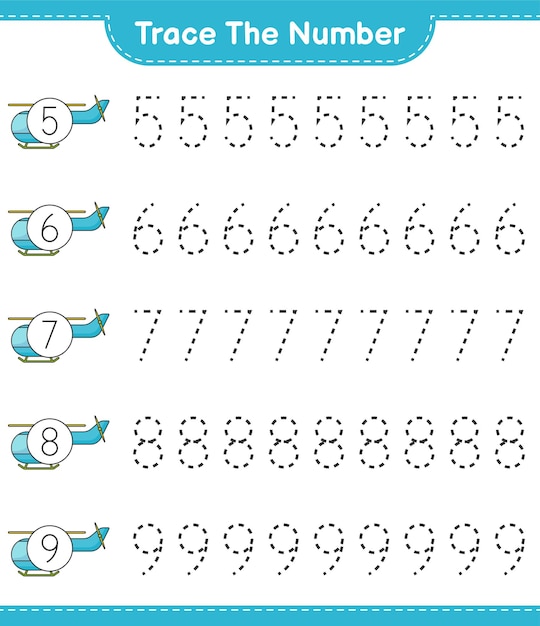 番号をトレースします。ヘリコプターでの追跡番号。教育的な子供たちのゲーム、印刷可能なワークシート、ベクトル図
