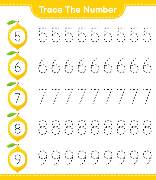 번호를 추적하십시오. 레몬으로 추적 번호. 교육용 어린이 게임, 인쇄 가능한 워크 시트