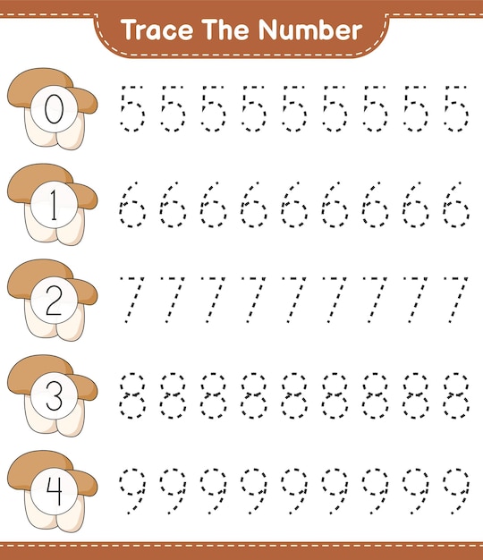 Отследить номер отслеживание номера с помощью mushroom boletus образовательная детская игра для печати векторная иллюстрация листа