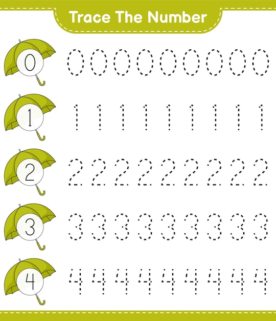 傘で数字をトレースする教育的な子供たちのゲームの印刷可能なワークシートのベクトル図