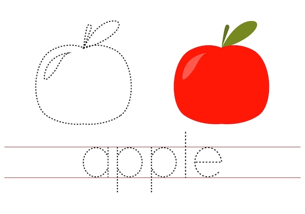 Вектор Отслеживание слова яблоко английский рабочий лист для детей мультфильм красочное яблоко
