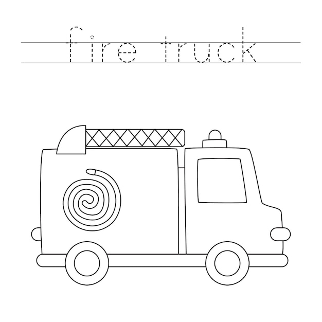 Trace the word. Color cartoon fire engine. Handwriting practice for preschool kids.