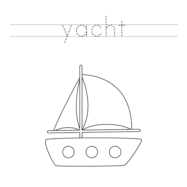 Trace word and color cute cartoon yacht.