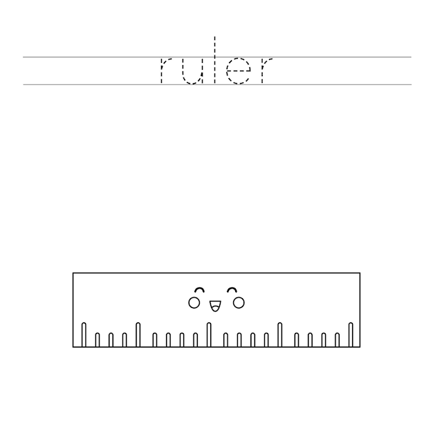 Trace word and color cute kawaii ruler.