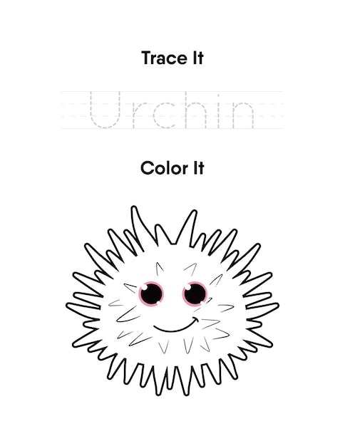 Trace the word and color the cute urchin handwriting practice worksheets