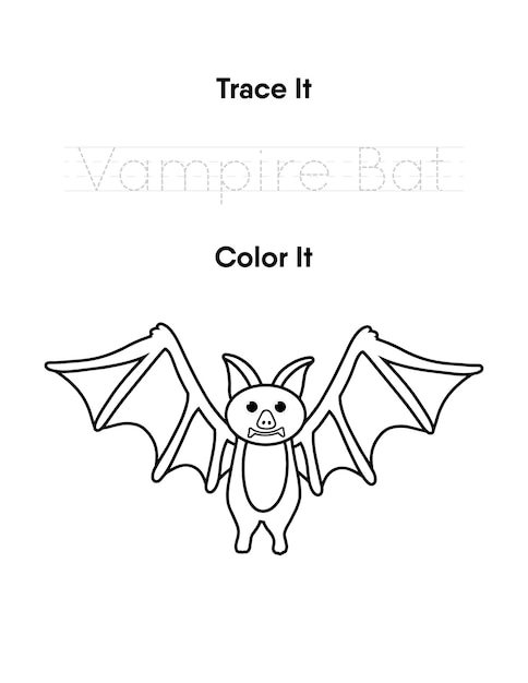 Trace the word and color the cute vampire bat handwriting practice worksheets