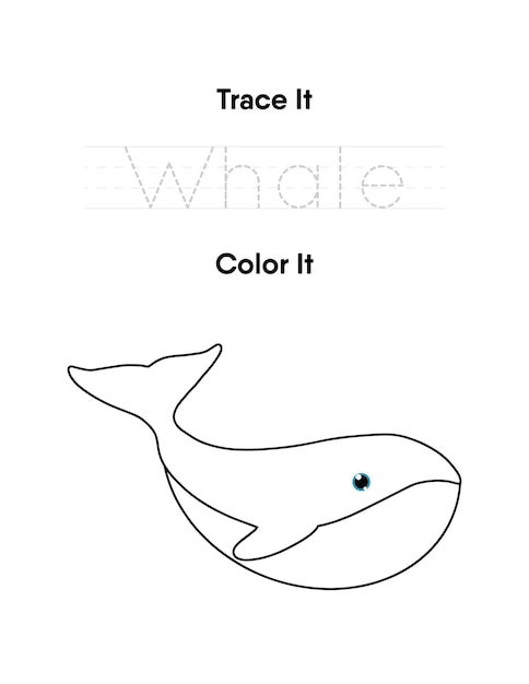 Trace the word and color the whale handwriting practice worksheets